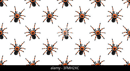 Motif Halloween sans couture avec de mignonnes araignées tarentules noires et orange sur fond blanc plat Illustration de Vecteur