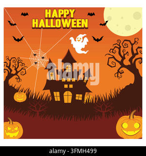 Bannière de fête d’Halloween joyeuse, fond orange et citrouilles souriantes effrayantes, fantômes blancs, chauves-souris noires volantes, sorcière effrayante. Illustration vectorielle plate moderne Illustration de Vecteur