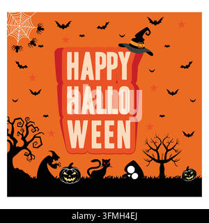 Joyeux Halloween. objets mignons têtes de citrouille, chats noirs, squelettes drôles, fantômes, yeux pour la fabrication de cartes postales. illustration moderne vectorielle plate Illustration de Vecteur