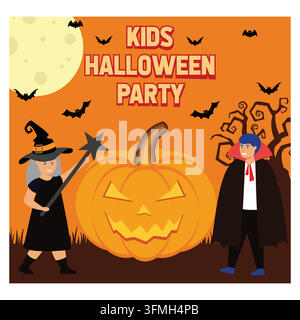 Fête d'Halloween pour enfants. Garçon et fille mignons. Costume d'horreur de vacances. Citrouille souriante avec texte d'invitation. Enfants mignons en vêtements de monstres. Vecteur plat Illustration de Vecteur