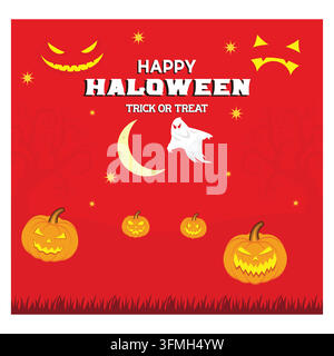 Conception de fond pour Halloween. Texte Happy Halloween trick or treat avec des éléments mignons de fantômes et de citrouilles pour une fête effrayante. Vecteur plat moderne Illustration de Vecteur