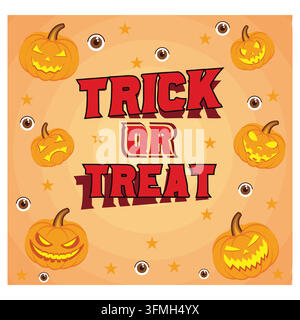 Traitez ou trichez. Groupe de citrouilles Jack O'Lantern sur un fond de fête amusant ou méchant. Illustration moderne vectorielle plate Illustration de Vecteur