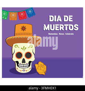 Bannière du Jour des Morts. Carte de vœux Dia de Muertos avec crânes en sucre, bougies allumées, fleurs. Illustration vectorielle moderne plate Illustration de Vecteur
