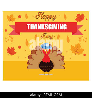 Bannière de Thanksgiving avec des personnages de dinde mignons de Thanksgiving, des feuilles d'automne, des feuilles jaunes et les mots Happy Thanksgiving. Vecteur plat mo Illustration de Vecteur