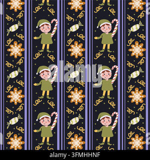 Motif sans couture de lutin de Noël fantaisiste mettant en vedette des personnages adorables, des sucres d'orge, des biscuits sablés, des sucreries et des friandises festives. Dessin animé mignon pour enfants Illustration de Vecteur