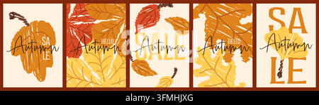 Modèles de flyer pour les soldes d'automne avec des feuilles minimalistes pour le marketing saisonnier et les réseaux sociaux Illustration de Vecteur
