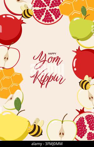 Illustration festive de Yom Kippur avec le texte "Happy Yom Kippur" en écriture rouge, entourée de pommes, grenades, rayons de miel et abeilles sur un fond beige Banque D'Images