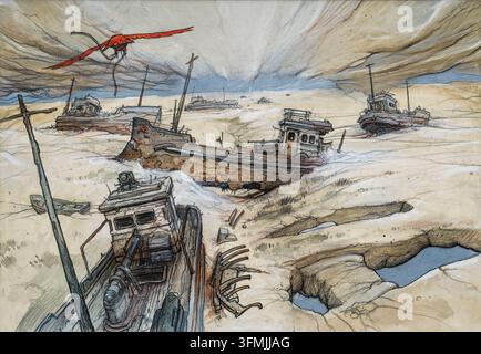 France, Paris, Fonds (collection) Enki Bilal, Partie de chasse, Épitaphe, Les rivières sont malades. L'histoire aussi. (1990) gouache, crayon et encre de Chine Banque D'Images