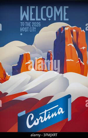 Italie, Vénétie, province de Belluno, Cortina d'Ampezzo, affiche pour les Jeux Olympiques d'hiver de 2026 Banque D'Images