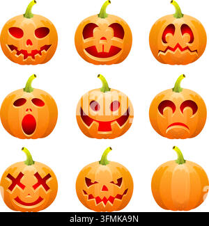 Grande collection de citrouilles d'Halloween Jack O'Lantern, sur fond transparent, illustration vectorielle Illustration de Vecteur
