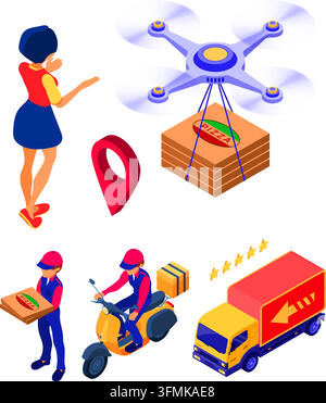 Service de commande de nourriture en ligne et de livraison de colis livraison de pizza livraison de pizza livraison rapide courrier isométrique avec pizza et scooter livraison camion évaluation Illustration de Vecteur