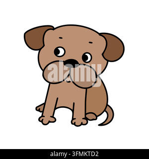 Illustration vectorielle isolée de dessin animé d'un chien carlin mignon. Concept d'art linéaire d'un personnage de chiot marron heureux. Bannière de conception d'autocollant pop esthétique kawaii Illustration de Vecteur