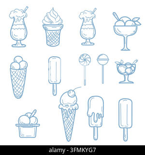 Dessert dans des crèmes et de la glace, milkshake et glace à l'eau, ensemble d'illustrations vectorielles linéaires. Dessin pour les menus de café et de boulangerie, les glaciers, foo Illustration de Vecteur