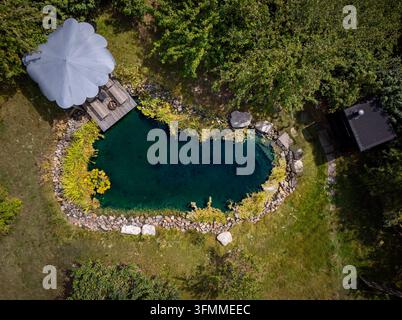 Vue aérienne d'un petit bassin de baignade naturel avec plantation aquatique, bordure en pierre et terrasse en bois sur un terrain privé. Banque D'Images