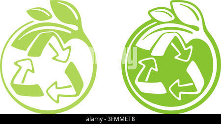 Emblème de recyclage zéro déchet – Symbole de technologie de réutilisation Cradle-to-Cradle avec feuilles vertes – Logo vectoriel isolé Illustration de Vecteur