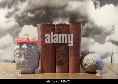 Des livres vieux de plus de cent ans, une figurine de Bouddha avec une fleur sur la tête et une pierre de granit pour maintenir les livres en place. Banque D'Images