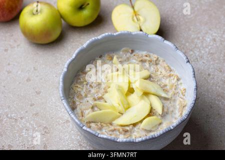 Porridge de céréales multi-grains fait d’avoine, de seigle, d’orge, de sarrasin et de flocons de blé, servi avec du lait et des tranches de pomme fraîches. Fond en pierre neutre Banque D'Images