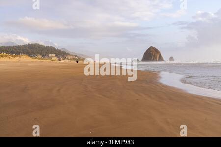 Haystack Rock s’élève au-delà de la large plage de sable et des vagues du Pacifique à Cannon Beach dans le comté de Clatsop, Oregon. Banque D'Images