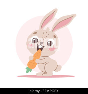 Illustration mignonne et drôle de lapin mangeant une carotte. Personnage enfantin vectorisé dessiné à la main Illustration de Vecteur