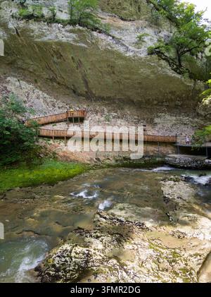 Une photographie verticale capturant une promenade en bois construite le long de la base d'une falaise rocheuse massive et surplombante dans une gorge naturelle. La passerelle présente Banque D'Images