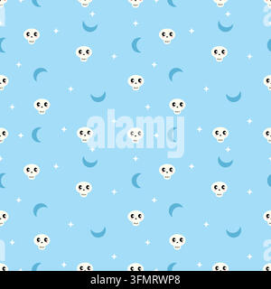 Motif Halloween sans couture bleu ciel pastel avec des crânes de dessin animé mignons, des croissants de lune et des étoiles étincelantes, combinant un look kawaii joyeux avec un doux Illustration de Vecteur