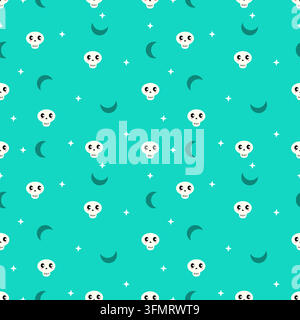 Motif Halloween sans couture mignon avec des crânes kawaii, des croissants de lune et des étoiles scintillantes sur un fond turquoise vif, idéal pour le tissu, le papier peint, Illustration de Vecteur