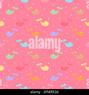 Motif sans couture vibrant présentant d'adorables baleines colorées avec des étoiles et des points blancs étincelants sur un fond rose corail vif Illustration de Vecteur