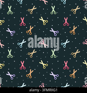 Motif sans couture vibrant mettant en scène des ciseaux colorés avec des points blancs et des étoiles étincelantes sur un fond sombre et profond, créant un univers ludique de bricolage et de couture Illustration de Vecteur