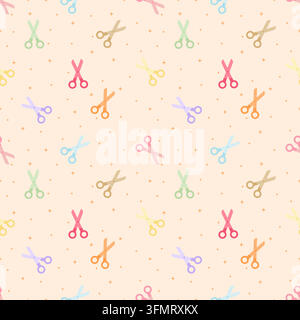 Motif sans couture ludique mettant en scène des ciseaux colorés avec de petits points orange et des étoiles scintillantes sur un fond pastel doux couleur pêche pour l'artisanat, la couture an Illustration de Vecteur
