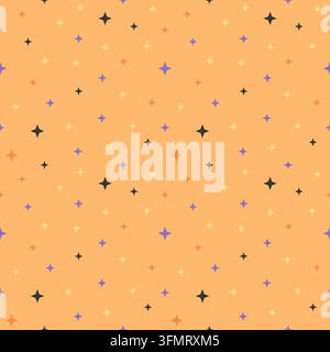 Motif sans couture d'Halloween ludique avec des étincelles noires, violettes, vertes et orange sur un fond orange chaud. Design festif pour emballages d'Halloween Illustration de Vecteur