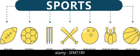 Infographie vectorielle d'icônes de ligne sportives présentant sept symboles athlétiques en contour, y compris le baseball, le football, le guichet de cricket, le bowling et le basket-ball. Illustration de Vecteur