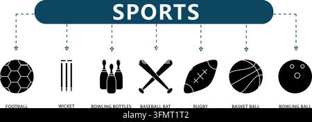 Infographie vectorielle d'icônes de ligne sportives présentant sept symboles sportifs en contour, y compris le football, le guichet de cricket, le bowling, le baseball, le rugby Illustration de Vecteur