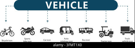 Infographie vectorielle d'icônes de ligne de véhicules présentant sept symboles de transport en contour, dont un vélo, un vélo de sport, une voiture, une auto-rickshaw et un camion. Illustration de Vecteur
