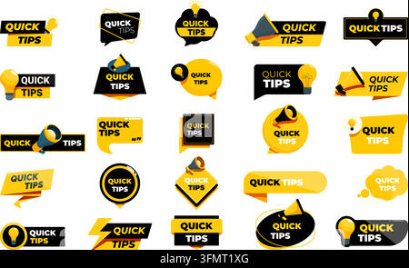 Ensemble de badges et bannières vectoriels de conseils rapides comprenant des designs noir et jaune avec des ampoules, des mégaphones, des bulles de dialogue et des étiquettes promotionnelles. Illustration de Vecteur
