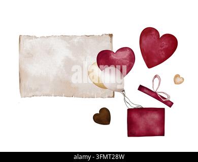 Design aquarelle vintage pour décorations de la Saint-Valentin. Fond en papier ancien parchemin vierge adapté pour un texte personnalisé ou des lettres d'amour Banque D'Images