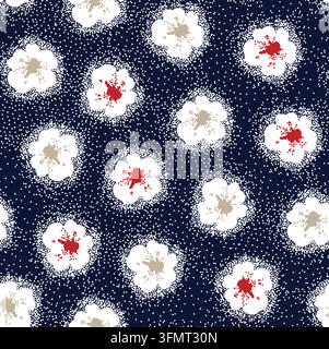 Motif de fleurs printanières avec des fleurs blanches et des centres rouges sur fond sombre Illustration de Vecteur