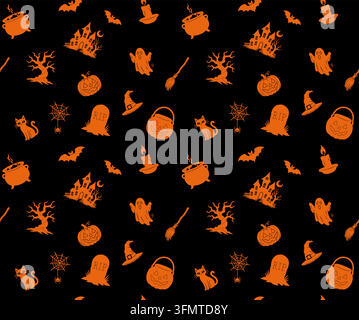 Motif Halloween sans couture avec des icônes orange de citrouilles, fantômes, chauves-souris, chaudrons, chapeaux de sorcière, maisons hantées, toiles d'araignée et chats noirs, parfait pour Illustration de Vecteur