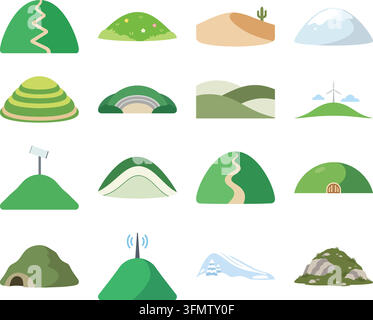 Un ensemble d'illustrations vectorielles plates comprenant une variété de collines stylisées, de buttes herbeuses, de dunes et de petites formes de paysage. Illustration de Vecteur