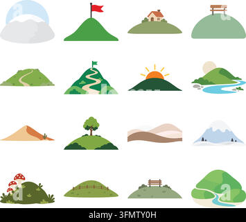 Un charmant ensemble vectoriel d'icônes de collines et de campagne pittoresques montrant différents décors naturels et pastoraux. Illustration de Vecteur