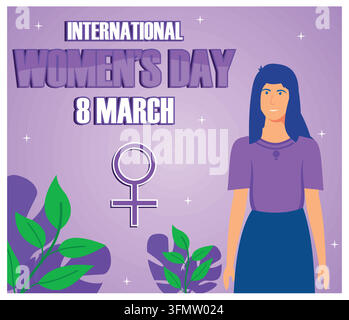 Célébration de la Journée internationale des femmes le 8 mars, mettant en scène une femme confiante en violet avec des éléments symboliques. Idéal pour l'autonomisation, l'égalité et rec Illustration de Vecteur