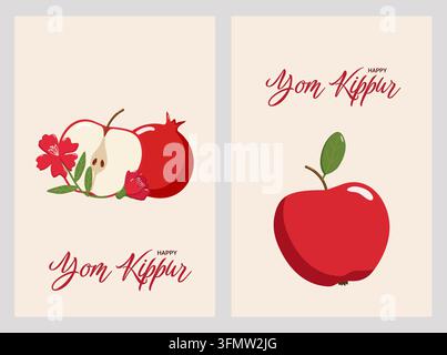 Deux modèles de cartes de vœux pour Yom Kippour avec le texte "Happy Yom Kippur", mettant en scène des pommes, des grenades et des fleurs rouges dans un style épuré et moderne. Élégant tem Banque D'Images