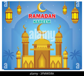 Ramadan Kareem festif mettant en scène une mosquée dorée avec des symboles de croissant de lune, des lanternes et des palmiers. Célébration du mois sacré islamique avec une vitalité et Illustration de Vecteur