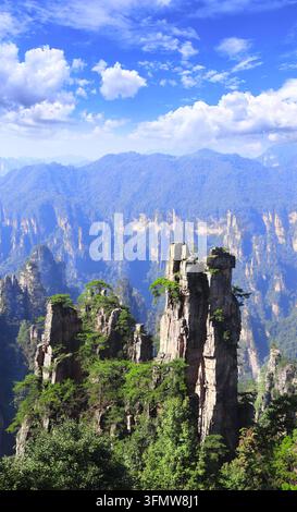Piliers majestueux en grès quartzeux, Parc national forestier de Zhangjiajie, Chine. Zone pittoresque de la montagne Wulingyuan, attraction touristique, Hunan. Sommets imposants Banque D'Images