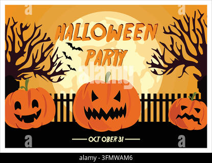 Célébrez Halloween avec cette invitation à une fête effrayante mettant en scène des citrouilles sculptées, des chauves-souris et une pleine lune. Parfait pour les festivités du 31 octobre et les événements hantés Illustration de Vecteur