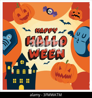 Thème Halloween vibrant mettant en vedette des citrouilles, un fantôme, des chauves-souris et une maison hantée. Parfait pour les vœux festifs et les décorations célébrant l'effrayant Illustration de Vecteur