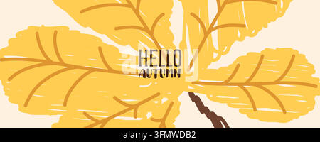 Bannière en feuille d’automne jaune avec texte ‚Bonjour l’automne‘ pour conception de carte de vœux saisonniers minimaliste Illustration de Vecteur