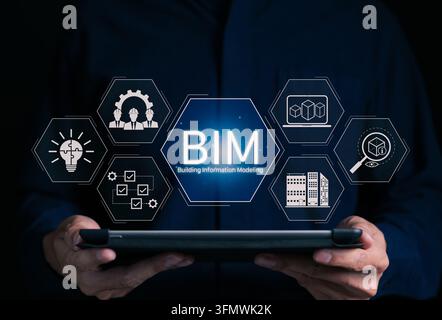Modélisation des informations du bâtiment et concept de construction numérique. Personne utilisant une tablette, icône BIM pour la conception 3D, coordination de projet, architecture, ingénierie Banque D'Images