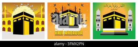 Design Eid Mubarak avec la Kaaba et les minarets pour le Hajj. Design créatif Haji mabroor. Design Eid Mubarak avec la Kaaba et le minaret pour le Hajj avec texte arabe Illustration de Vecteur