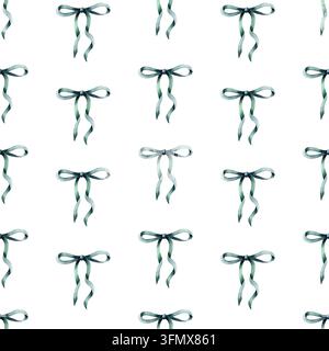 Nœuds de ruban vert élégants sur fond blanc Motif sans couture aquarellé. Papier peint minimaliste mignon, papier cadeau délicat pour les fêtes, emballage Banque D'Images