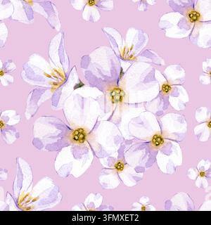 Motif botanique aquarellé sans couture avec des bouquets luxuriants de fleurs blanches sur un fond rose. Le design forme un motif floral continu et frais Banque D'Images